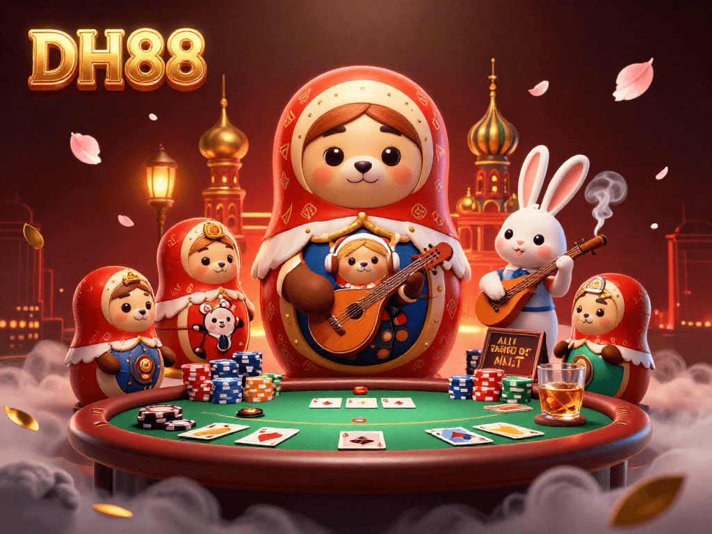 Play exciting casino games with DH88 in a vibrant 3D setting full of animated characters and colorful elements.