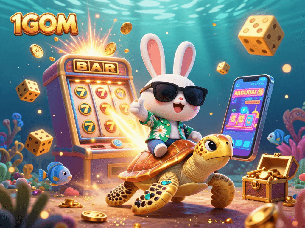Engage with 1GOM's exciting themes as the lucky rabbit rides a golden turtle amidst a burst of casino elements.