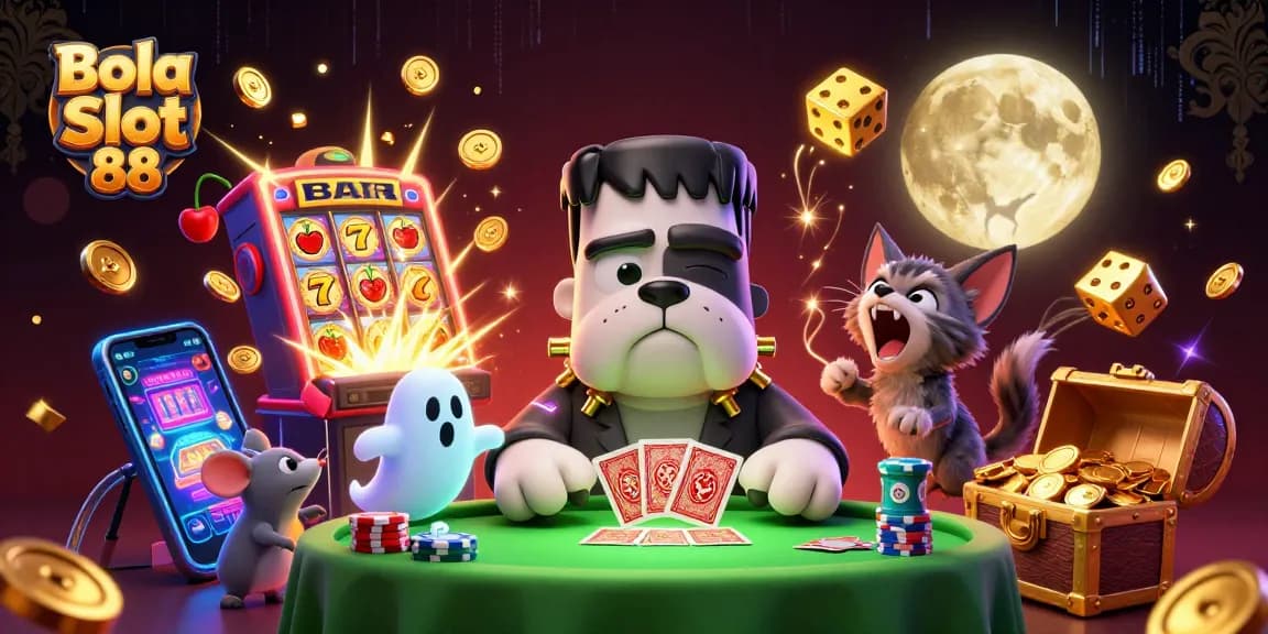 Bola Slot 88 brings vibrant fun with a 3D illustration of a Frankenstein bulldog dealing cards, showcasing exciting casino elements.