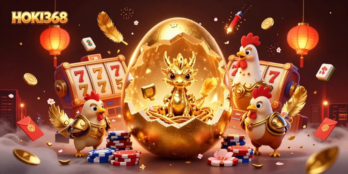 Experience thrilling gameplay with HOKI368 as golden treasures and vibrant casino elements surround you.