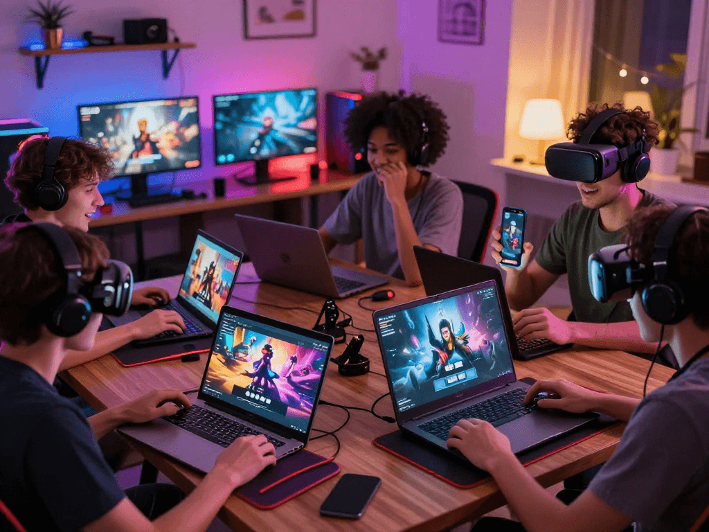 Engaged players exploring various sex simulator games on multiple devices in a cozy gaming environment.