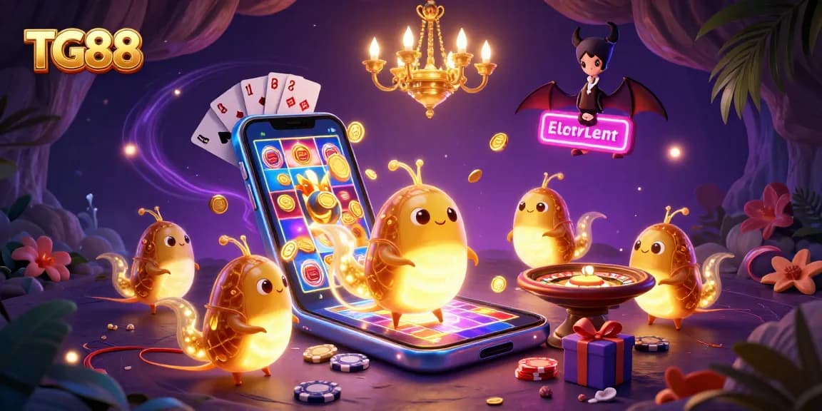 Experience thrilling gaming at TG88 with vibrant glowworms and casino elements illuminating the cave.