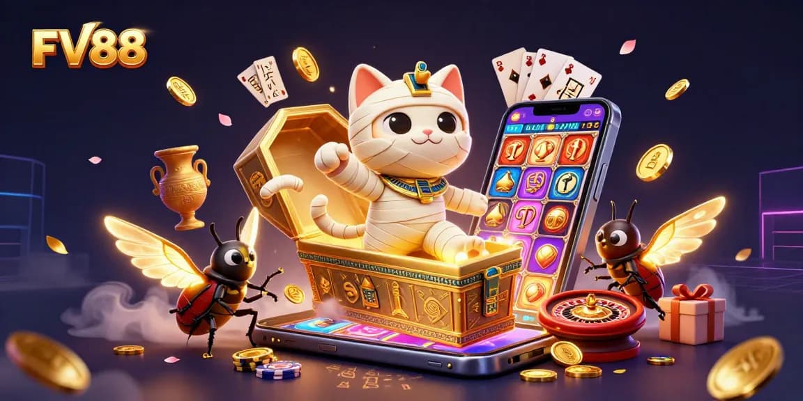 Experience thrilling gaming at FV88 with a mummy cat and golden scarab in a vibrant casino.