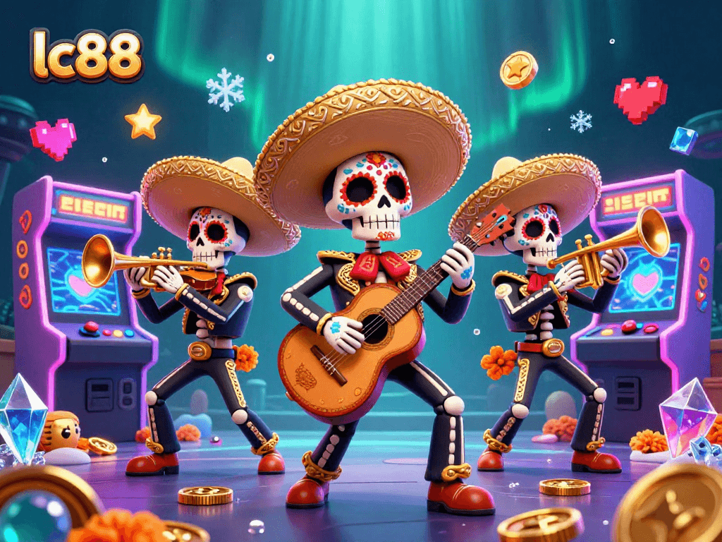 Play exciting games and win at lc88 with vibrant illustrations of a lively mariachi band and casino elements.
