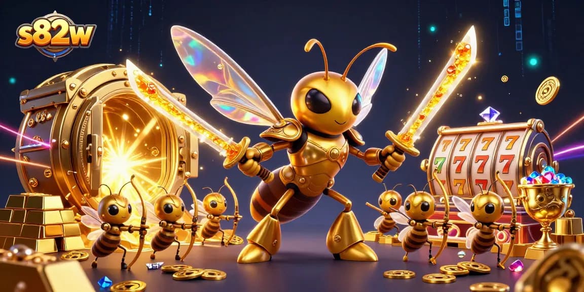 s82w brings thrilling digital casino action with a vibrant 3D illustration of epic characters and dazzling treasure.