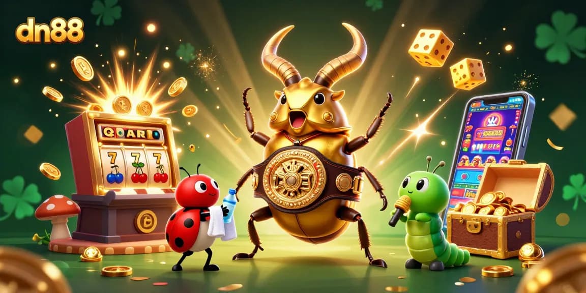 Experience thrilling wins with dn88's cartoon beetle champion amid a vivid casino scene.