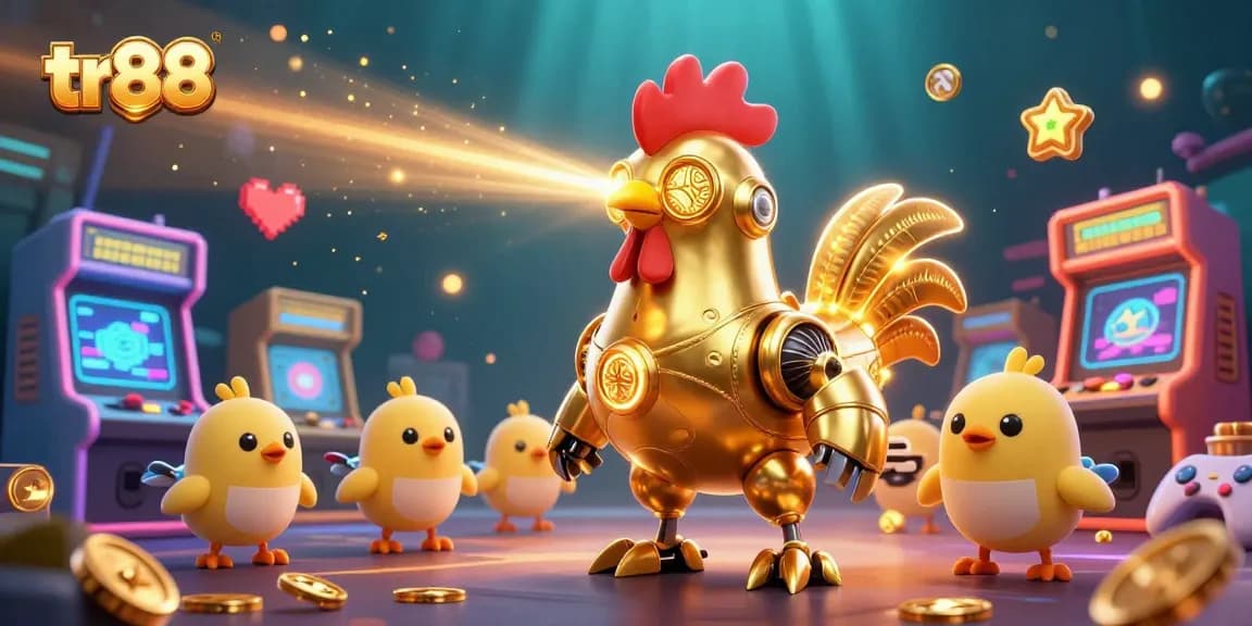 Experience thrilling gameplay with the vibrant tr88 casino featuring a golden rooster robot and arcade machines.