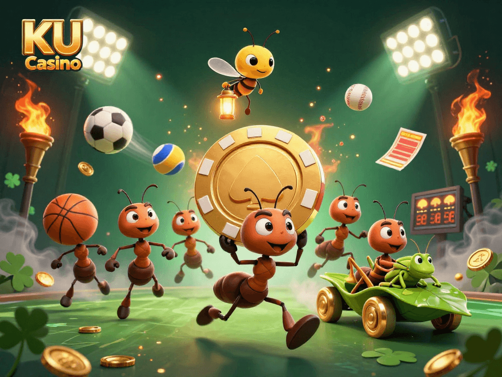 Engage in thrilling action at KU Casino with playful ants in a heist scene carrying giant poker chip.