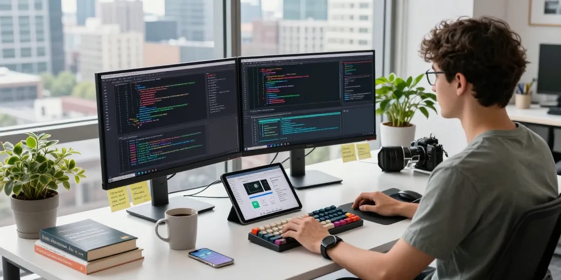 Developer engaged in coding at a modern tech workspace with dual monitors, embodying the essence of crushon ia.