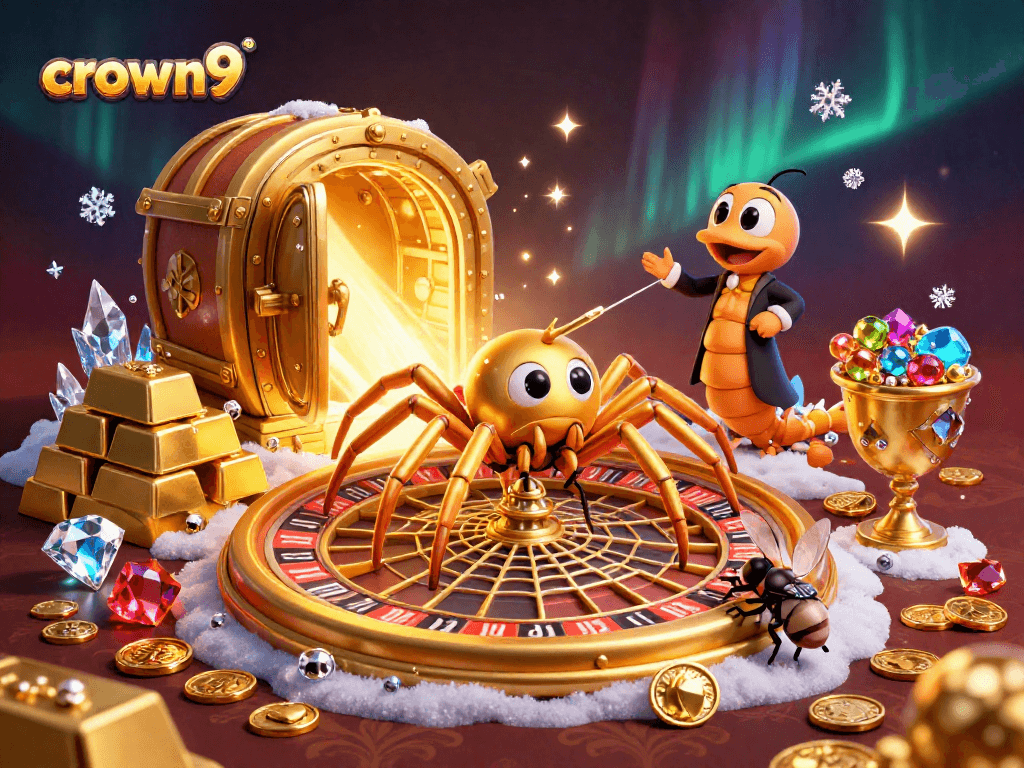 Crown9 players spin the golden roulette web, experiencing vibrant casino thrills.