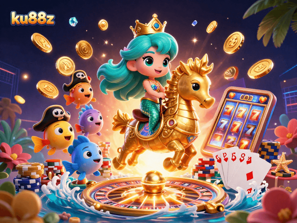 Play slots and win with ku88z in a vibrant 3D casino underwater scene!