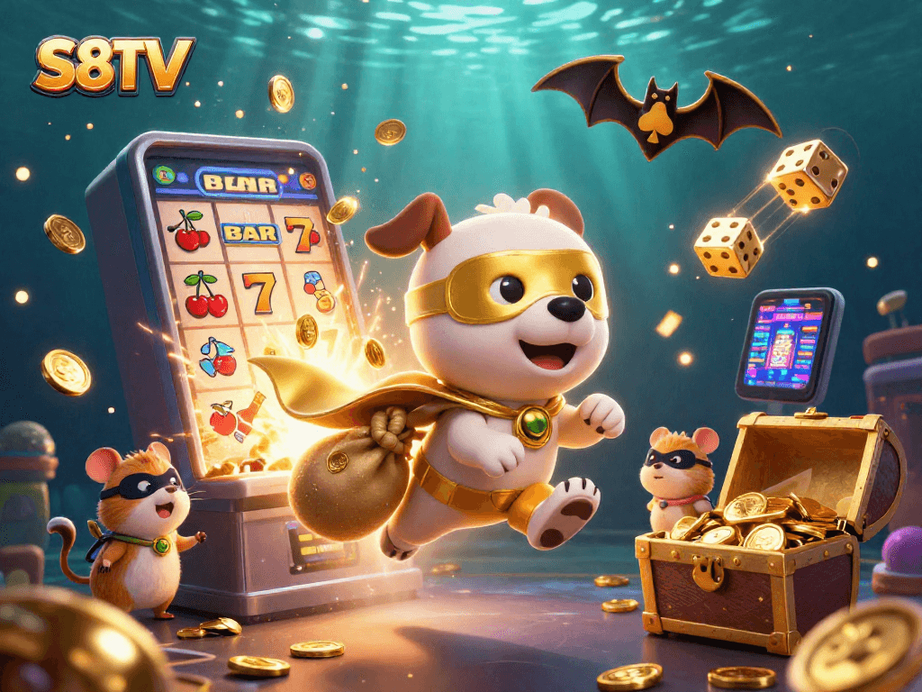 S8TV transforms gaming with a 3D superhero dog and hamster amidst a jackpot explosion of coins and vibrant casino elements.