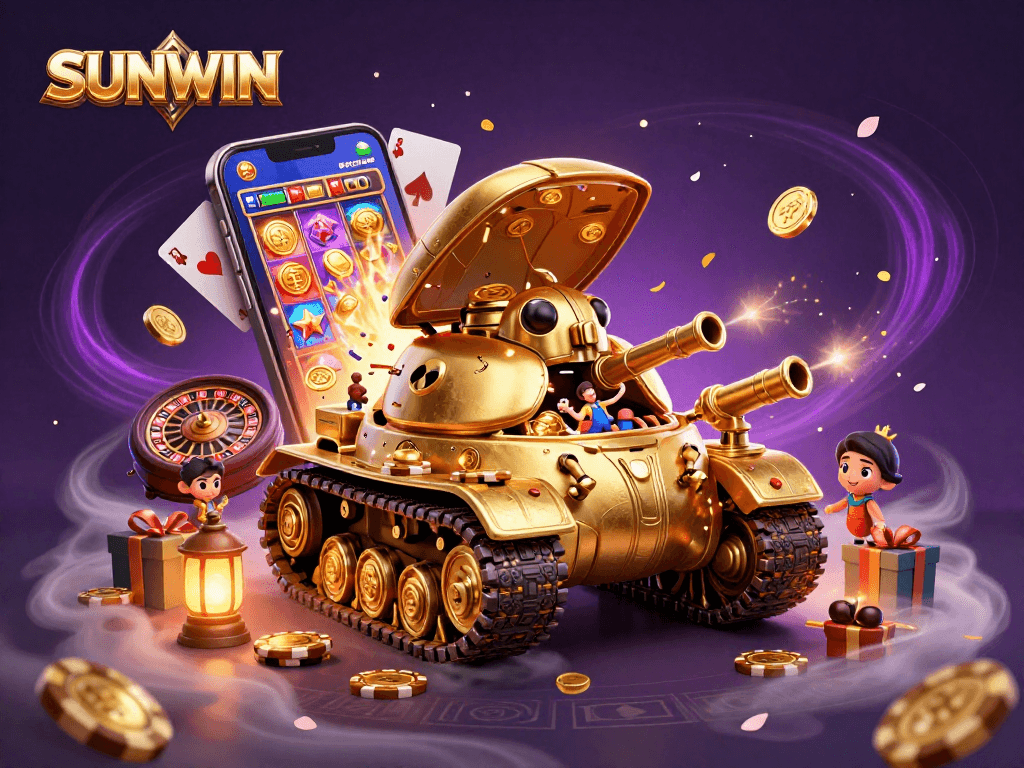 SUNWIN shines as a vibrant casino experience with a golden beetle tank, showcasing lively gaming elements.
