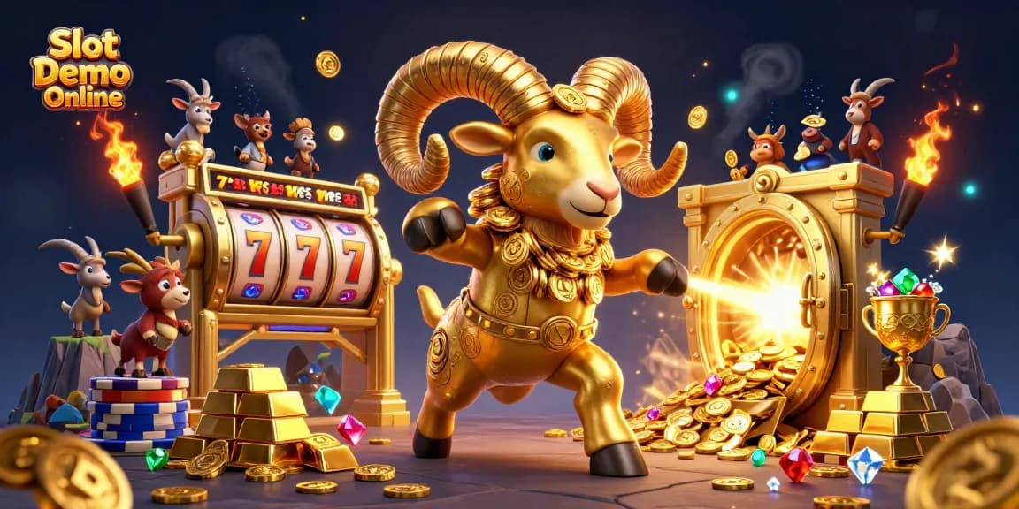 Play Slot Demo Online and witness a golden ram charging amidst dazzling treasures and jackpots.
