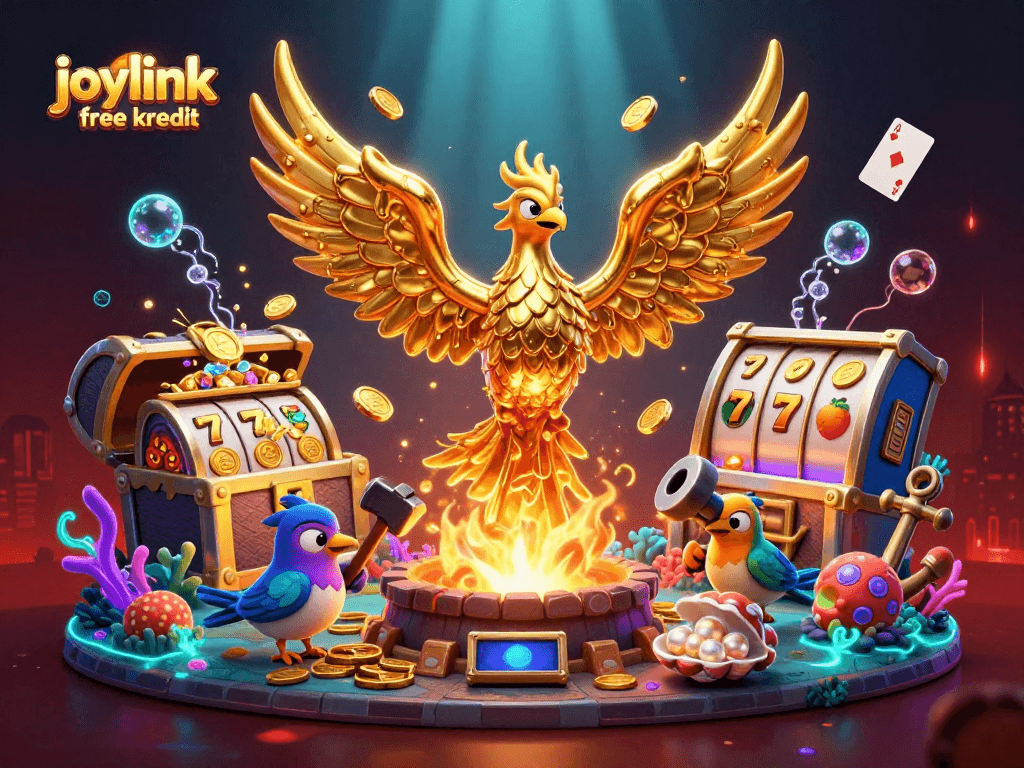 Experience the thrill of joylink free kredit with our vibrant casino illustration featuring a golden phoenix and slot symbols.