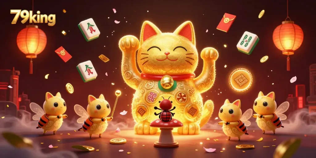 Experience the magical world of 79king, showcasing a giant lucky cat amidst vibrant casino symbols.