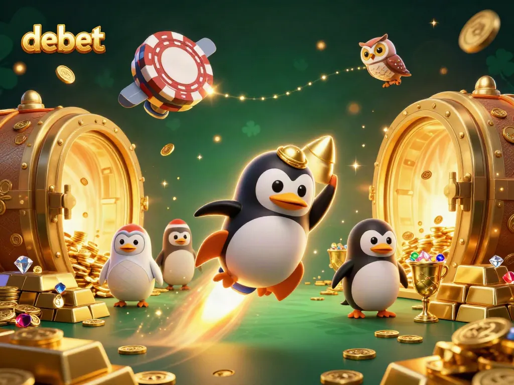 Experience thrilling gameplay with debet in this 3D illustration of a golden penguin navigating a casino-themed universe.