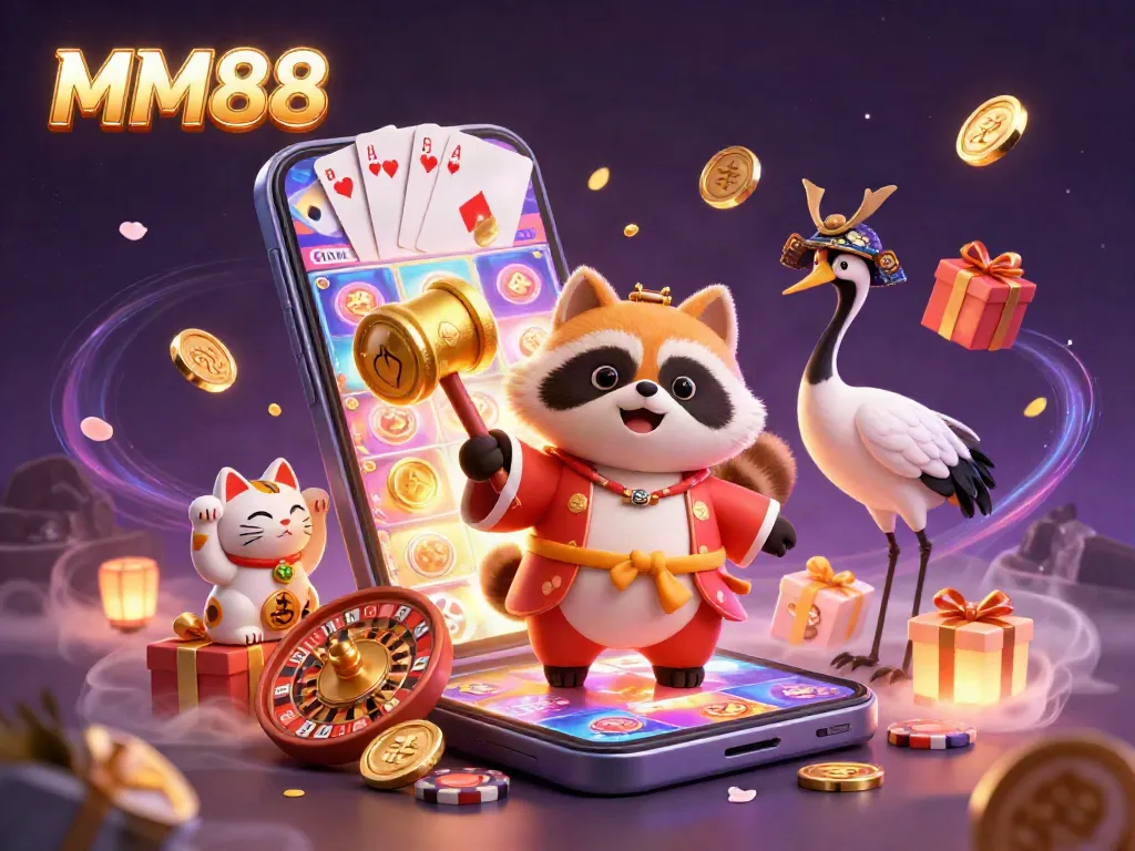Win big with MM88 in a vibrant, engaging gambling scene featuring a tanuki, crane, and fortune cats.