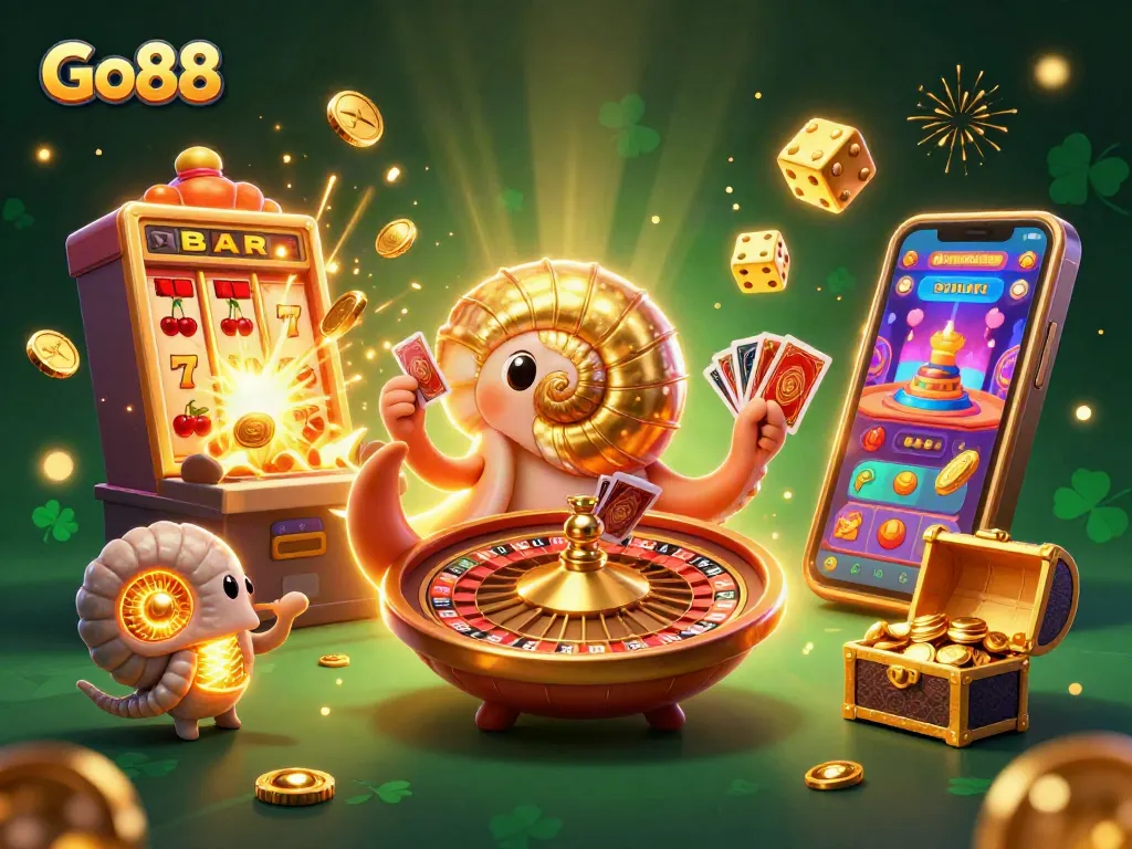 Experience thrilling gameplay at Go88 with a 3D illustration of exciting casino elements and vibrant characters.