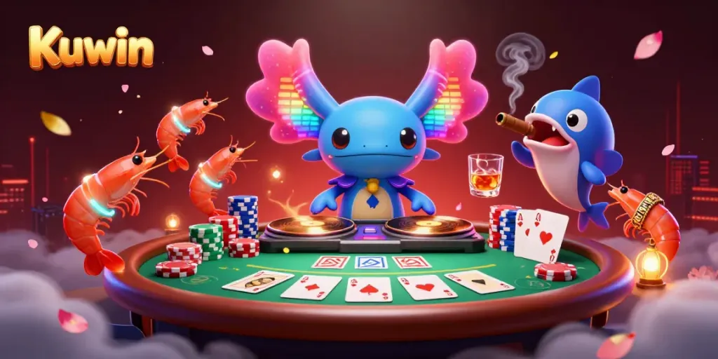 Kuwin's engaging gaming scene with vibrant axolotl DJ, poker elements, and energetic underwater party atmosphere.