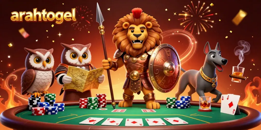 Experience arahtogel excitement with iconic casino characters at a vibrant poker game.