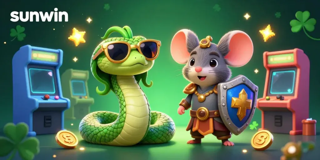 Engage in a thrilling sunwin gaming experience with Medusa and a warrior mouse, surrounded by vibrant casino elements.