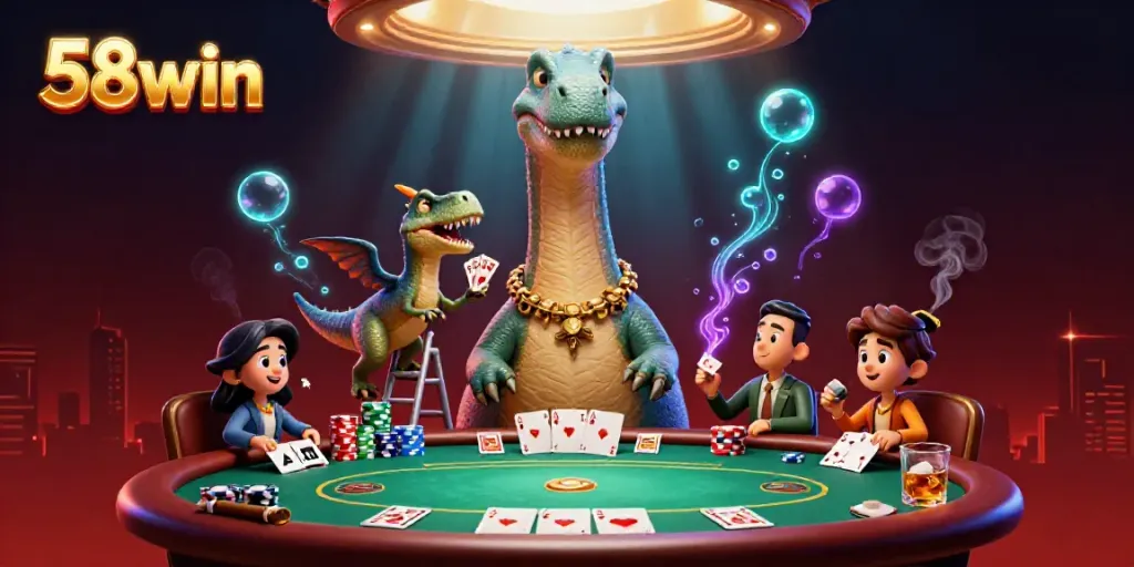 Engaging 3D scene showcasing 58win characters at a dynamic poker game, vibrant casino atmosphere.