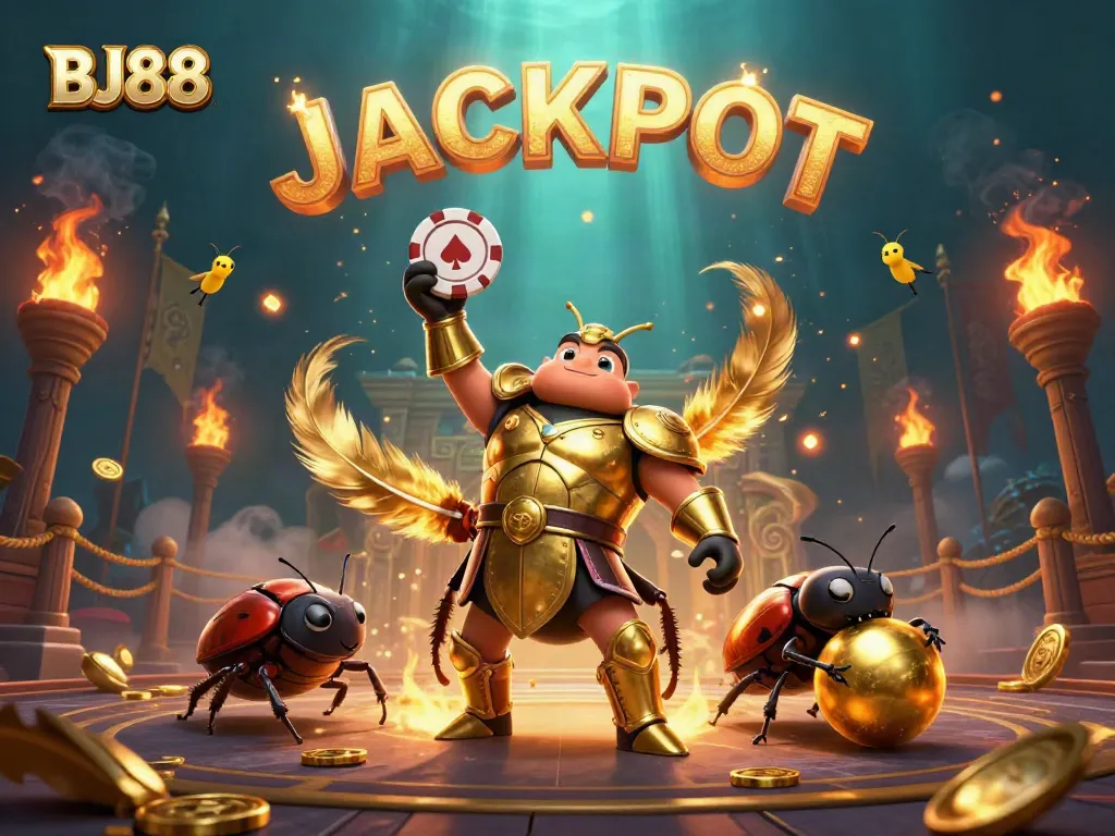 Engage in thrilling gameplay at BJ88 with a golden beetle champion and dynamic casino elements.