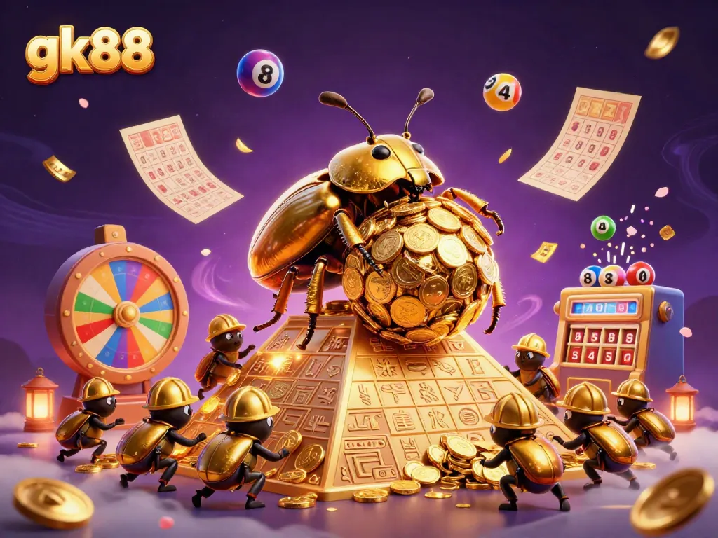 Engaging gk88-themed casino illustration with a golden beetle and vibrant lottery elements.