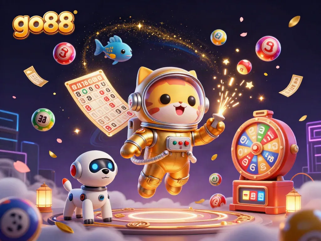 Experience go88 excitement with a cosmic scene of a space cat and robot dog amidst vibrant casino elements.