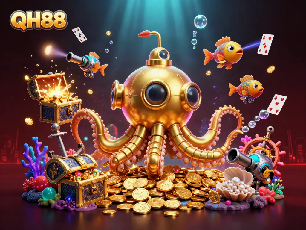 Experience the thrilling adventure of QH88 with a golden kraken submarine and treasures in a vibrant underwater casino.