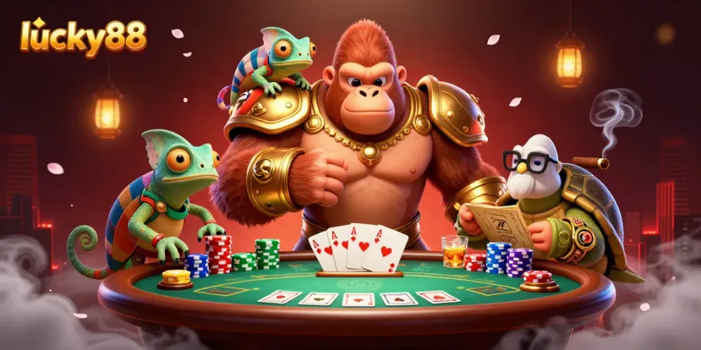 Engaging lucky88 illustration featuring a powerful gorilla king, chameleon companion, and tortoise elder at a poker table.