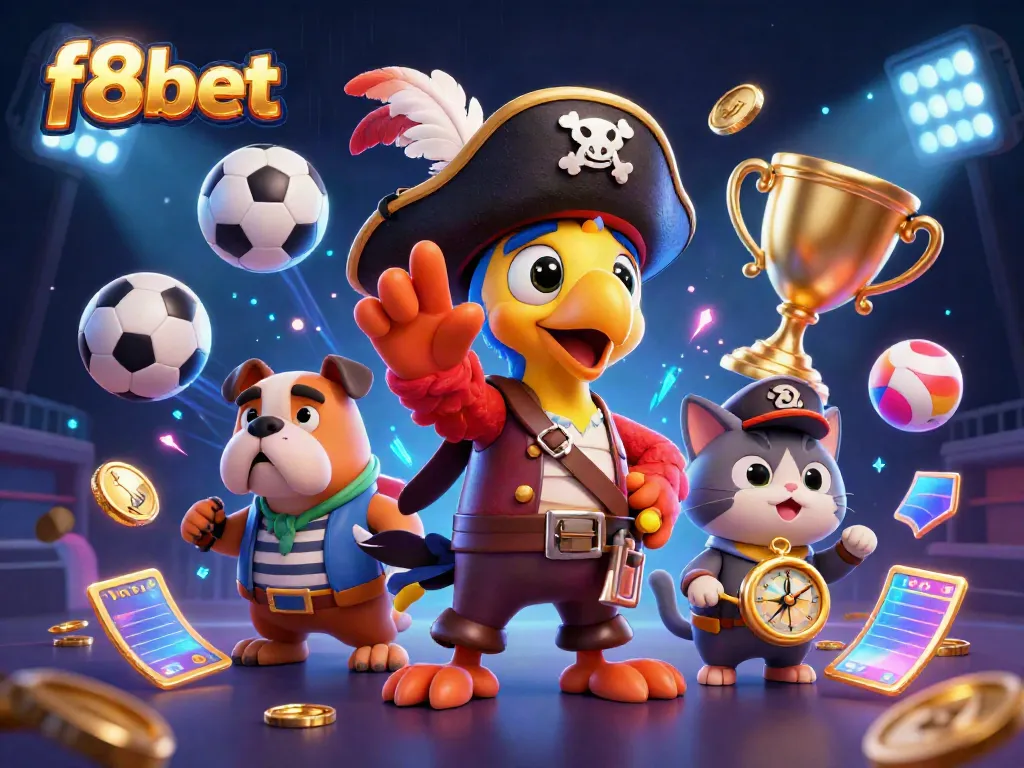 Experience thrilling sports betting action with f8bet in this vibrant 3D illustration featuring a pirate captain, bulldog first mate, and cat navigator.