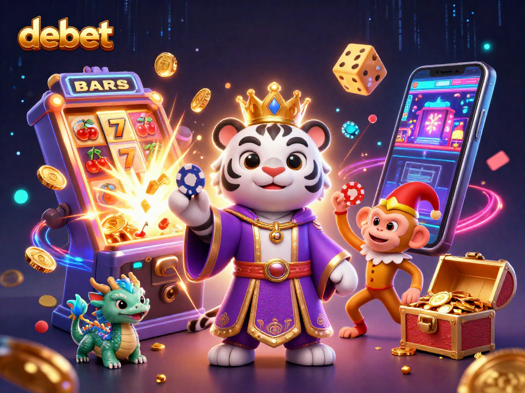 Experience the vibrant debet casino atmosphere with a lively tiger and monkey surrounded by games and fun.