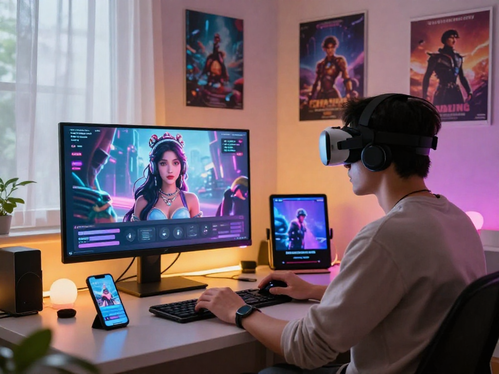 Engaging user in AI porn chat with vibrant character on screen, showcasing technology and home workspace atmosphere.
