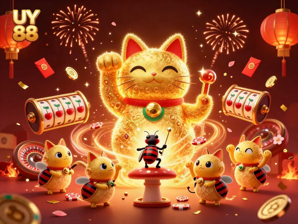 Experience UY 88's vibrant casino energy with a golden lucky cat illustration.