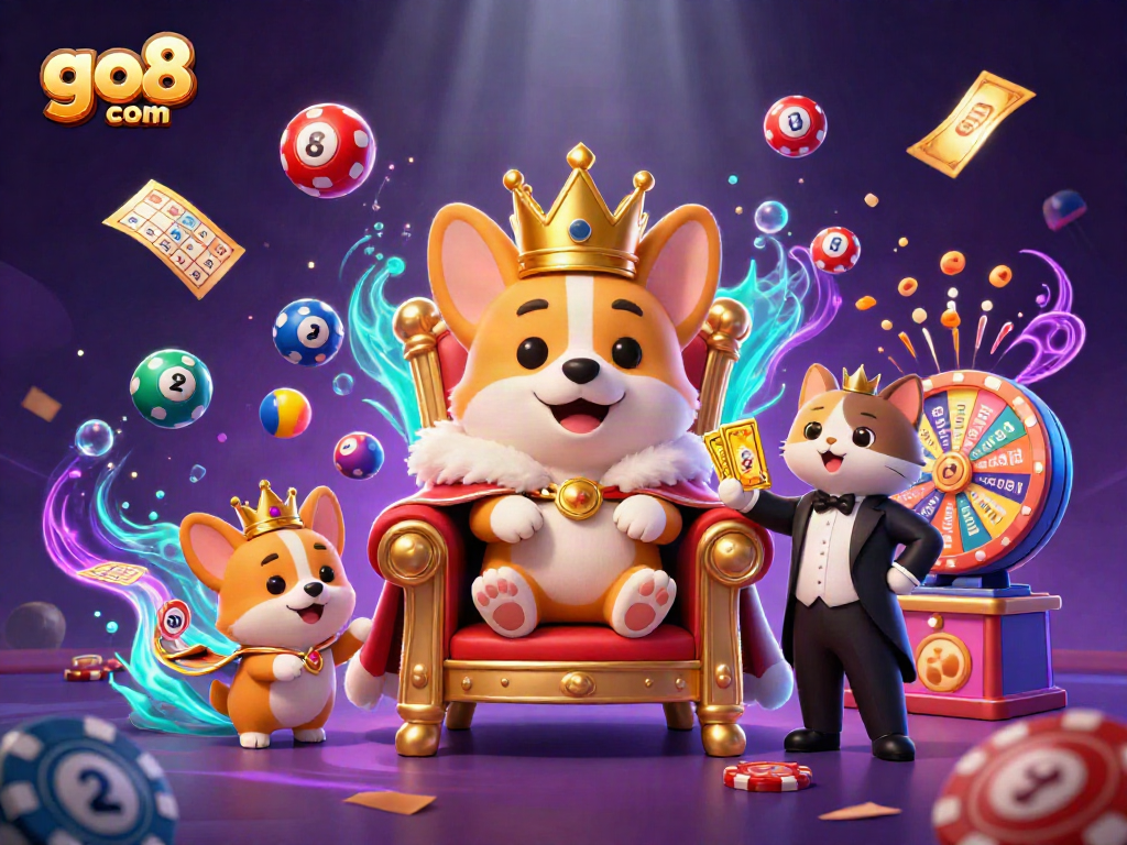 Experience the excitement of go8 com with vibrant lottery balls, casino royalty, and dynamic gaming elements.