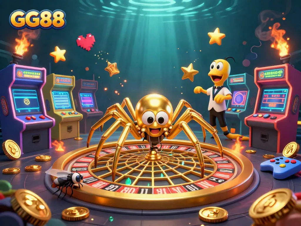 Bet on GG88 as a 3D cartoon spider spins a roulette-themed web, creating an engaging casino scene.