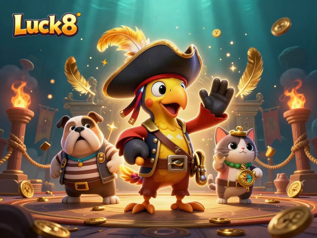 Experience thrilling gameplay at Luck8 with a pirate captain, bulldog first mate, and cat navigator surrounded by rich casino elements.
