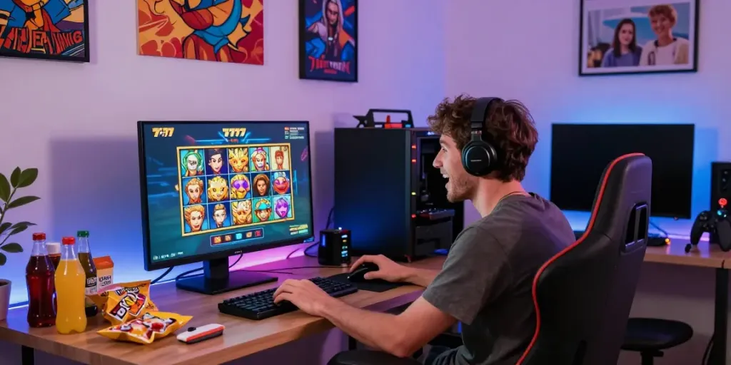 Excited player enjoying online slot777 gaming experience in a lively modern home setup.