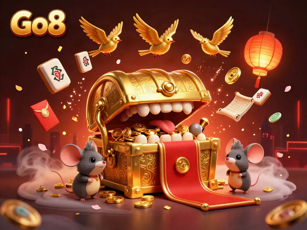 Go8 showcases a treasure chest mimic enticing adventurer mice amidst festive casino elements.