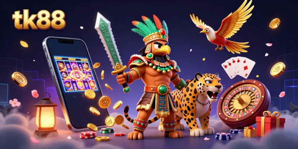 Experience thrilling slots at tk88 with an Aztec warrior and colorful casino elements.