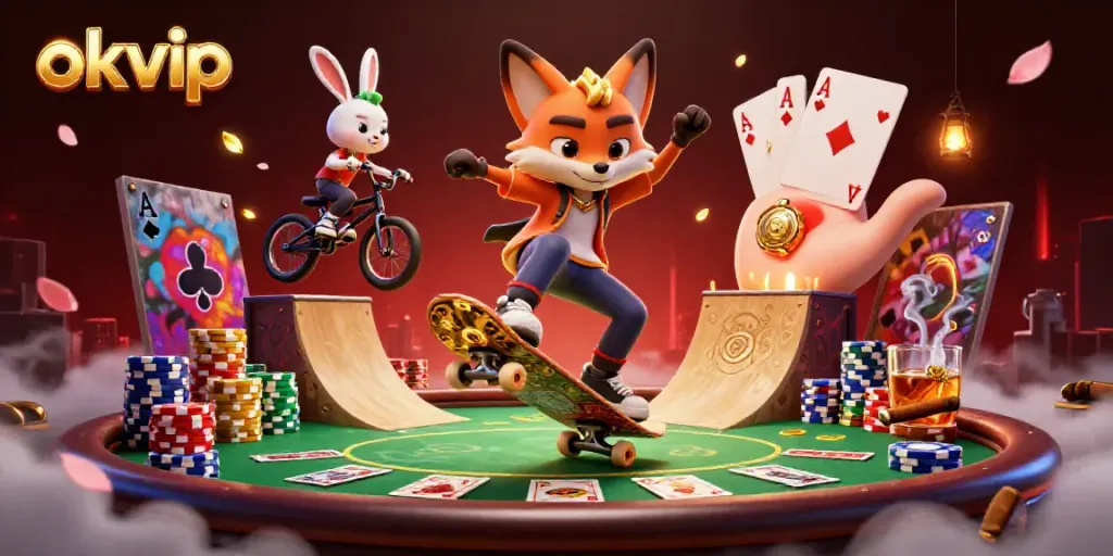 Action-packed scene with okvip symbols, featuring a fox and rabbit enjoying casino-themed tricks.