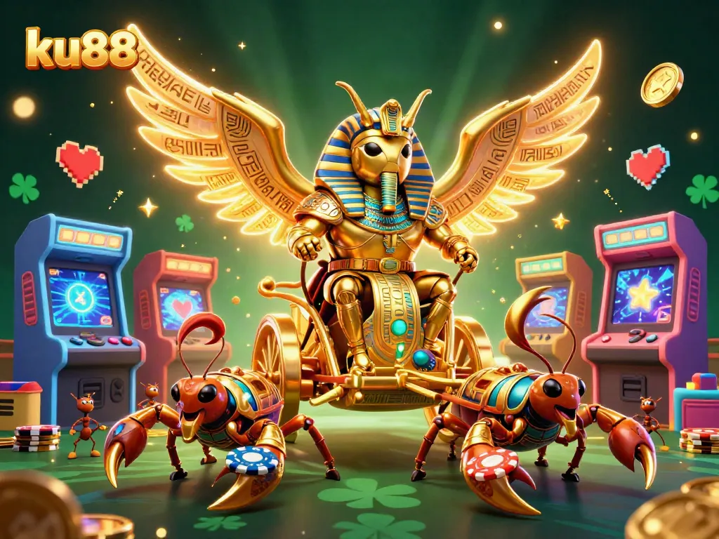 ku88 brings exciting casino elements alive with a colossal scarab beetle, scorpions, and poker chips!