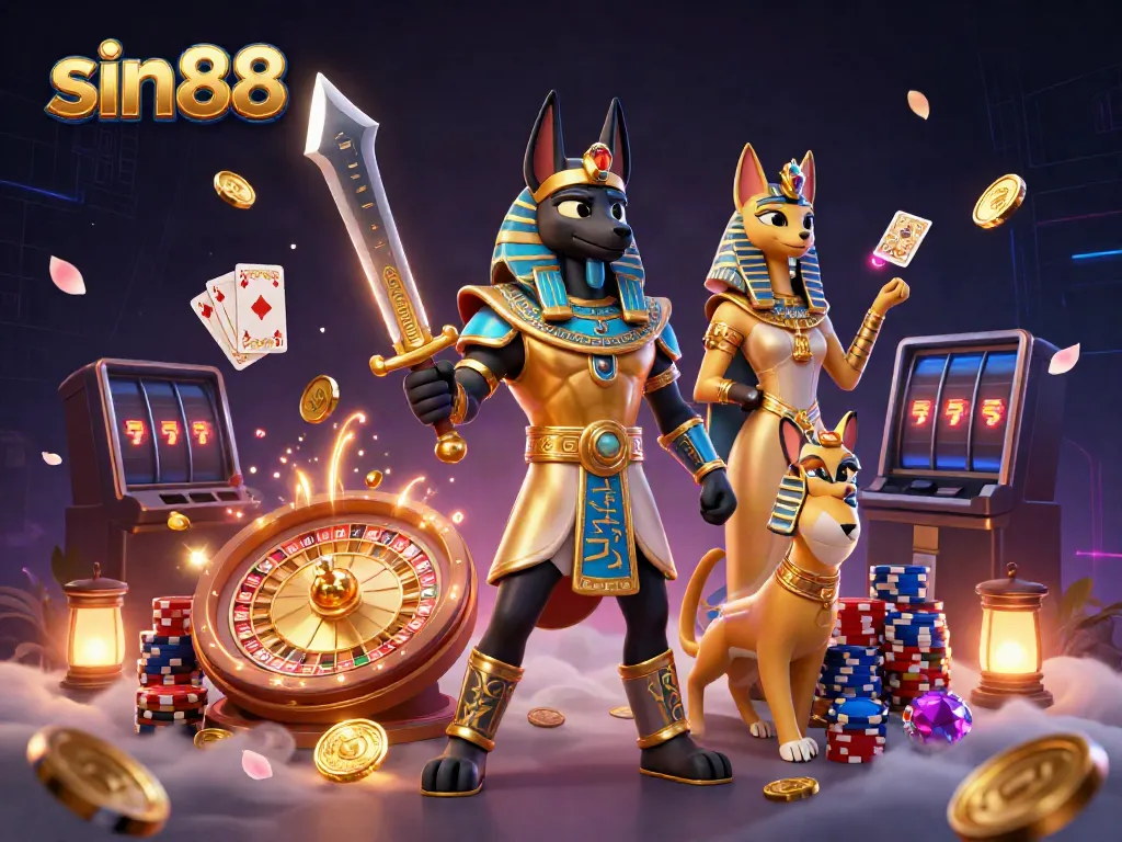 Experience thrilling gameplay at sin88 with Anubis and Bastet in a vibrant casino setting.
