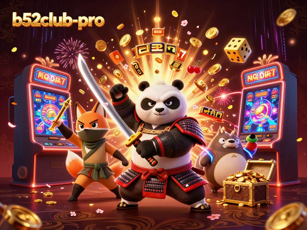 Engage in thrilling gameplay with b52club-pro as a samurai panda battles alongside a ninja fox in a vibrant casino setting.