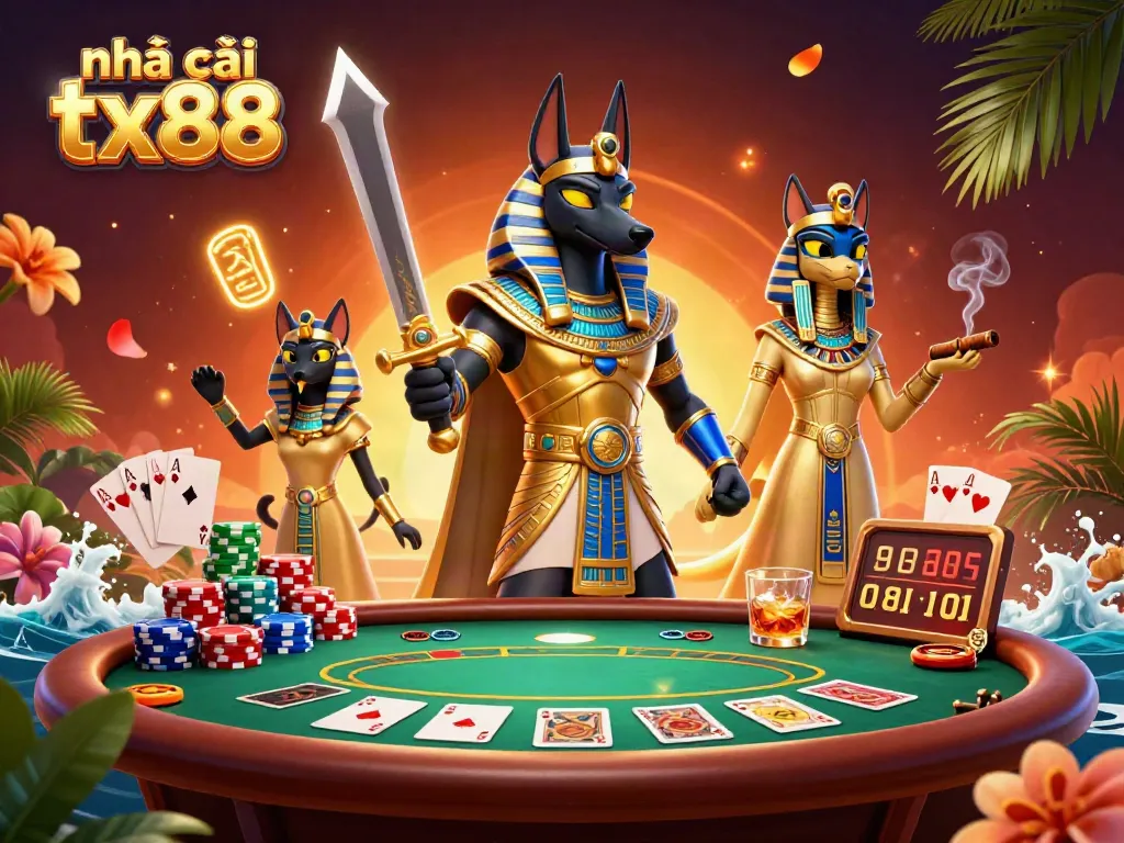 Experience thrilling gaming at nhà cái tx88 with an epic ancient Egyptian casino scene illustrated.