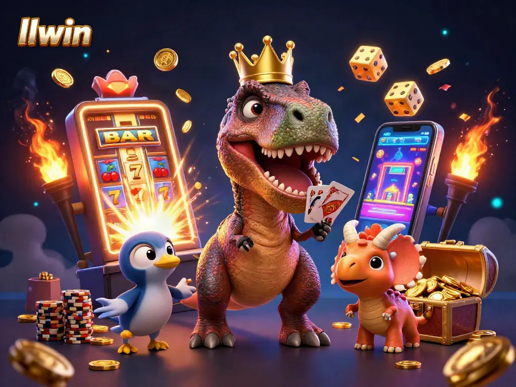 Win big at llwin with a colorful 3D casino scene featuring a friendly T-Rex and vibrant slot machines.