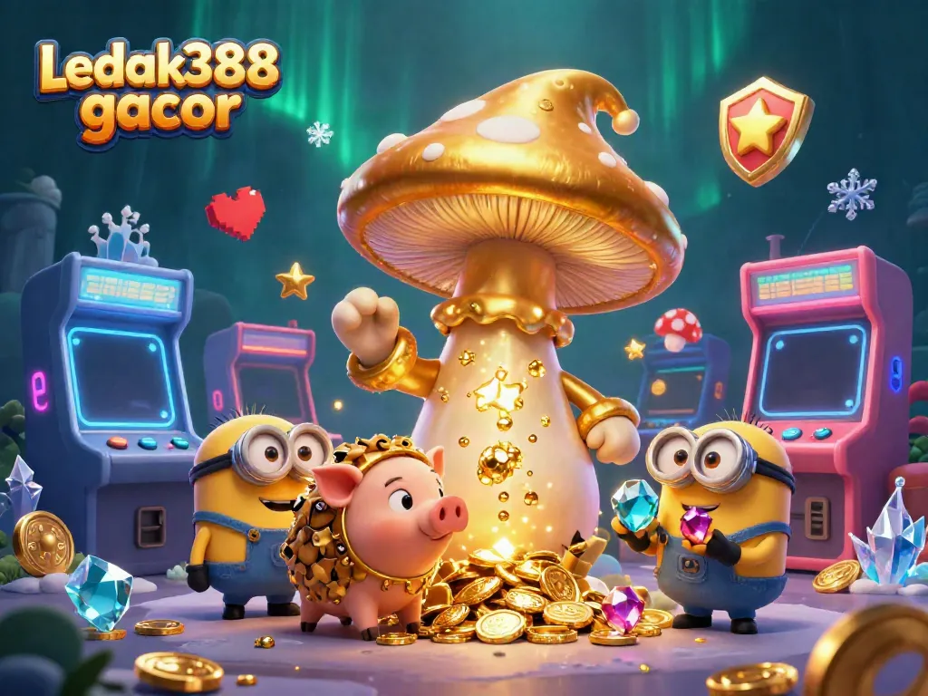Engage with the Ledak388 gacor slot scene featuring a wizard transforming elements into gold amidst vibrant arcade games.