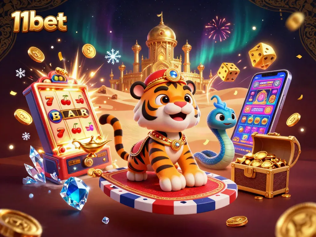 Experience the thrill of 11bet with a vibrant online casino scene featuring a tiger sultan and magical elements.